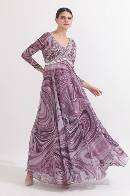 Omal Sindwani_Purple Georgette Mirrors, Pearls V-neck Marble Print Anarkali With Dupatta _Online_at_Aza_Fashions