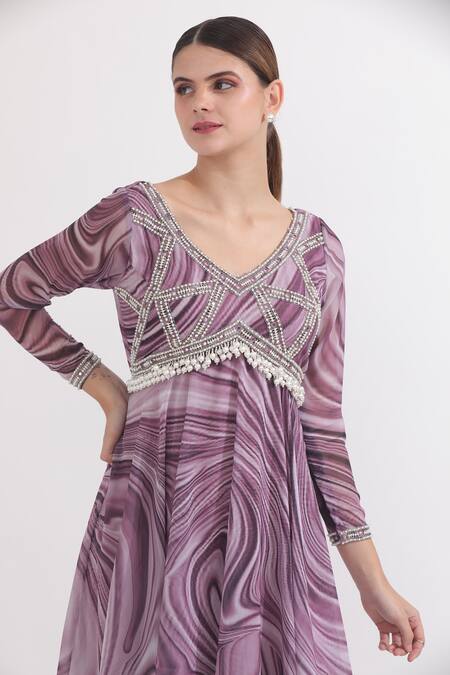 Buy_Omal Sindwani_Purple Georgette Mirrors, Pearls V-neck Marble Print Anarkali With Dupatta _Online_at_Aza_Fashions
