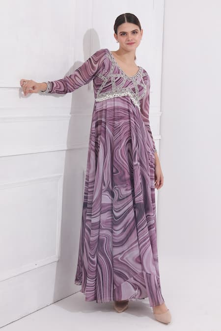 Shop_Omal Sindwani_Purple Georgette Mirrors, Pearls V-neck Marble Print Anarkali With Dupatta _Online_at_Aza_Fashions