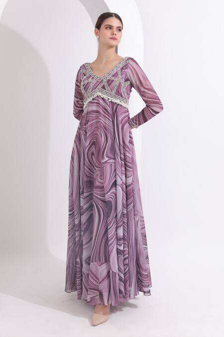Omal Sindwani_Purple Georgette Mirrors, Pearls V-neck Marble Print Anarkali With Dupatta _at_Aza_Fashions