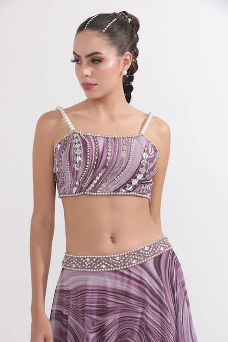 Shop_Omal Sindwani_Purple Georgette Pearls, Sequins Marble Print Lehenga With Sleeveless Blouse _Online_at_Aza_Fashions