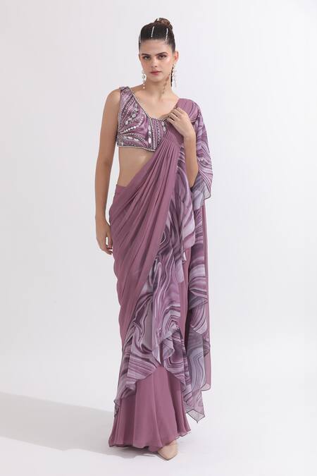 Omal Sindwani_Purple Georgette Pearls, Sequins Pre-draped Ruffle Saree With Work Blouse _Online_at_Aza_Fashions