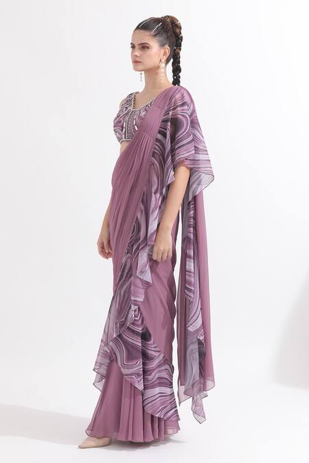 Buy_Omal Sindwani_Purple Georgette Pearls, Sequins Pre-draped Ruffle Saree With Work Blouse _Online_at_Aza_Fashions