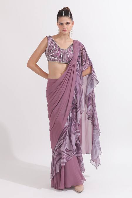 Shop_Omal Sindwani_Purple Georgette Pearls, Sequins Pre-draped Ruffle Saree With Work Blouse _Online_at_Aza_Fashions