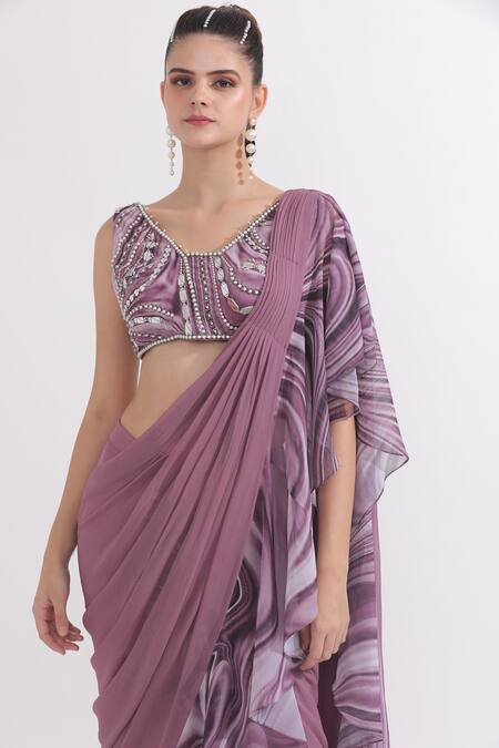 Omal Sindwani_Purple Georgette Pearls, Sequins Pre-draped Ruffle Saree With Work Blouse _at_Aza_Fashions