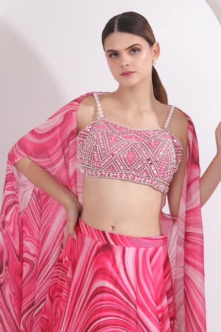 Buy_Omal Sindwani_Pink Satin, Georgette Pearls, Mirrors Sweetheart Marble Print Cape Lehenga Set _Online_at_Aza_Fashions