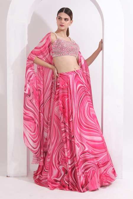 Shop_Omal Sindwani_Pink Satin, Georgette Pearls, Mirrors Sweetheart Marble Print Cape Lehenga Set _Online_at_Aza_Fashions