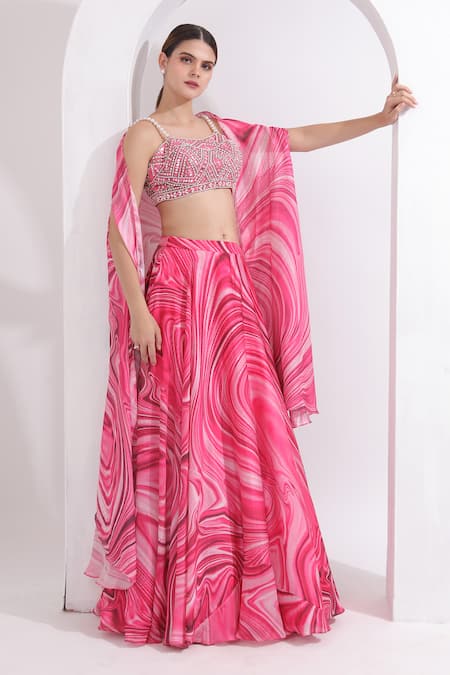 Omal Sindwani_Pink Satin, Georgette Pearls, Mirrors Sweetheart Marble Print Cape Lehenga Set _at_Aza_Fashions