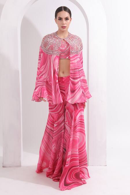 Omal Sindwani_Pink Satin, Georgette Mirrors, Pearls, Sequins Embroidered Cape Gharara Set _Online_at_Aza_Fashions