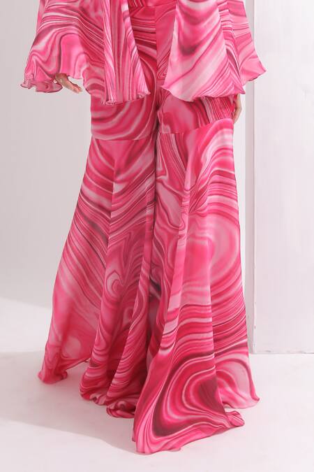 Buy_Omal Sindwani_Pink Satin, Georgette Mirrors, Pearls, Sequins Embroidered Cape Gharara Set _Online_at_Aza_Fashions