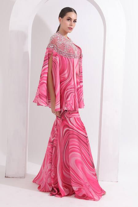 Shop_Omal Sindwani_Pink Satin, Georgette Mirrors, Pearls, Sequins Embroidered Cape Gharara Set _Online_at_Aza_Fashions