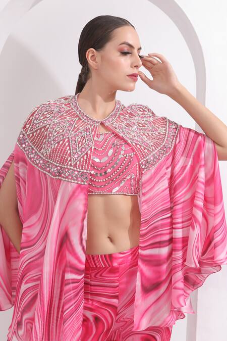 Omal Sindwani_Pink Satin, Georgette Mirrors, Pearls, Sequins Embroidered Cape Gharara Set _at_Aza_Fashions