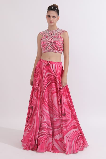 OMAL SINDWANI Pink Satin Georgette Hand Embroidery Marble High Neck Print Lehenga With Blouse 