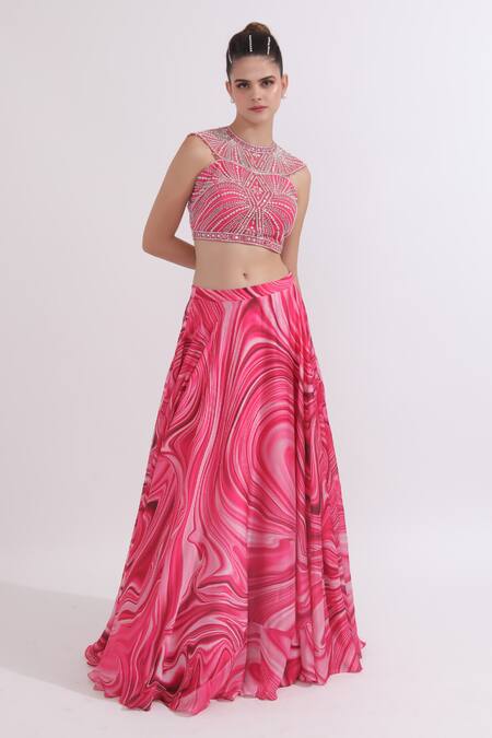 Buy_Omal Sindwani_Pink Satin, Georgette Pearls, Marble Print Lehenga With Embroidered Blouse _Online_at_Aza_Fashions