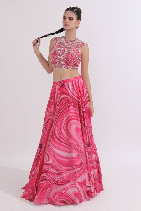 Buy_Omal Sindwani_Pink Satin, Georgette Pearls, Marble Print Lehenga With Embroidered Blouse 