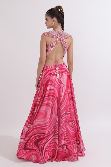 Omal Sindwani Marble Print Lehenga With Embroidered Blouse 