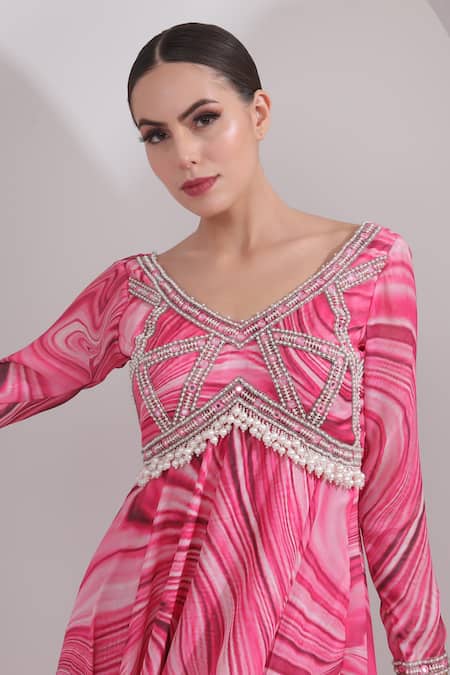Buy_Omal Sindwani_Pink Satin, Georgette Pearls, Mirrors Marble Pattern Anarkali With Dupatta _Online_at_Aza_Fashions