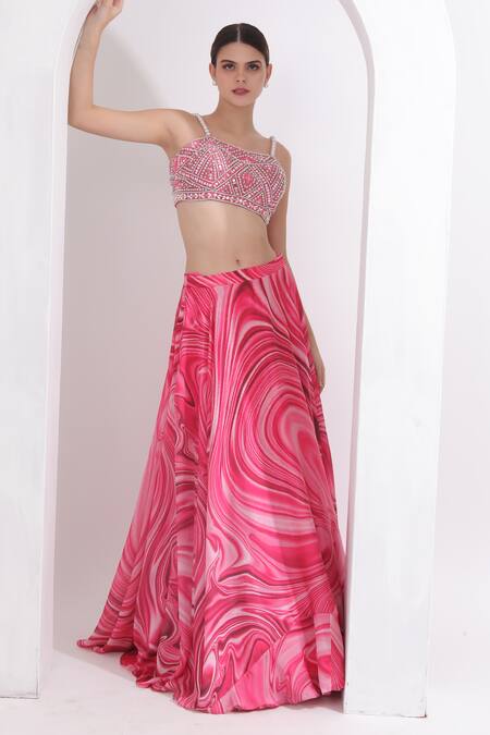Omal Sindwani_Pink Satin, Georgette Pearls, Mirrors Marble Pattern Lehenga With Blouse _Online_at_Aza_Fashions