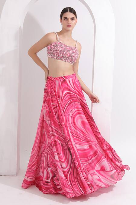 Buy_Omal Sindwani_Pink Satin, Georgette Pearls, Mirrors Marble Pattern Lehenga With Blouse _Online_at_Aza_Fashions
