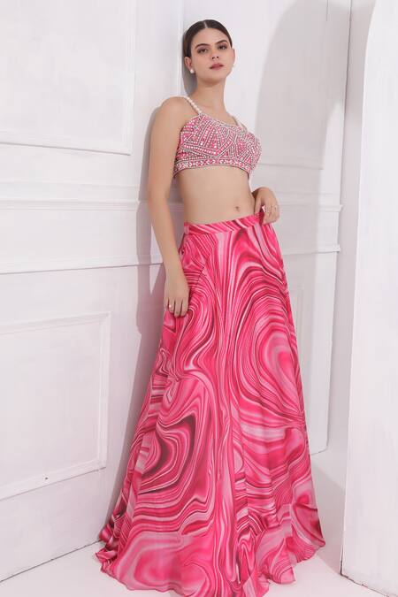 Shop_Omal Sindwani_Pink Satin, Georgette Pearls, Mirrors Marble Pattern Lehenga With Blouse _Online_at_Aza_Fashions