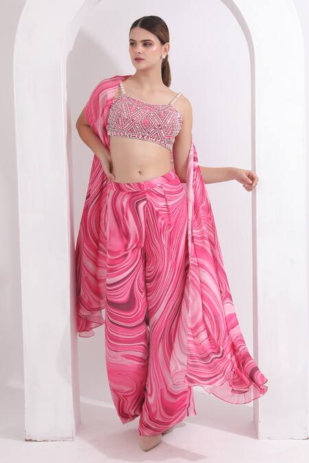 Buy_Omal Sindwani_Pink Satin, Georgette Pearls, Sequins Sweetheart Marble Print Cape Palazzo Set _Online_at_Aza_Fashions