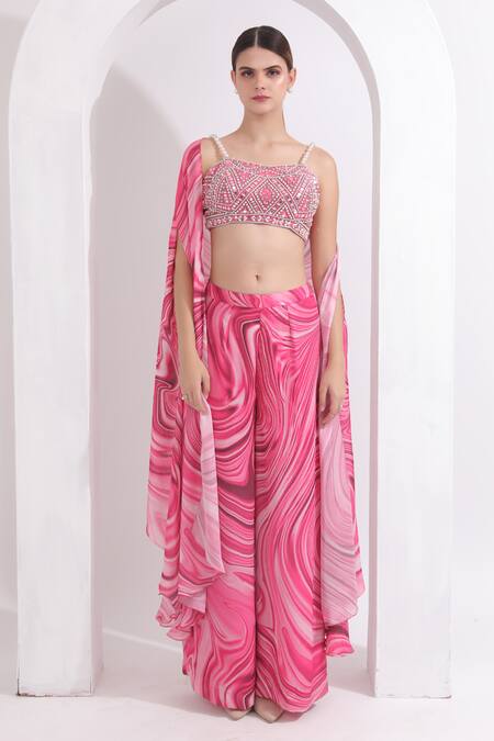 Omal Sindwani_Pink Satin, Georgette Pearls, Sequins Sweetheart Marble Print Cape Palazzo Set _at_Aza_Fashions