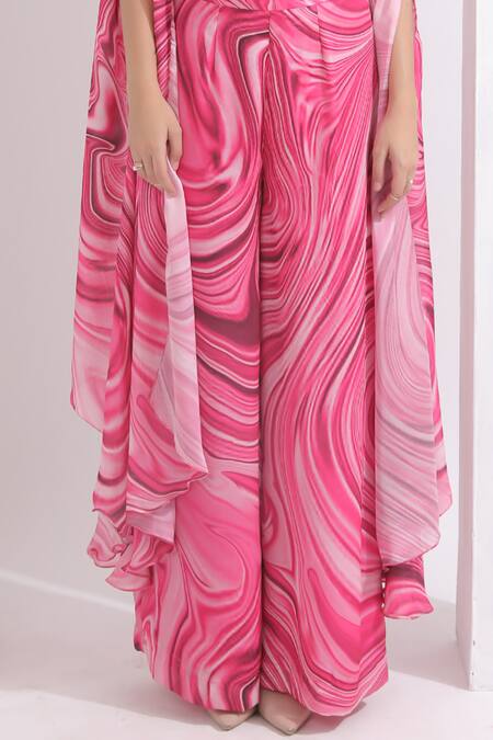 Buy Omal Sindwani Pink Satin, Georgette Pearls, Sequins Sweetheart Marble Print Cape Palazzo Set Buy_Omal Sindwani_Pink Satin, Georgette Pearls, Sequins Sweetheart Marble Print Cape Palazzo Set