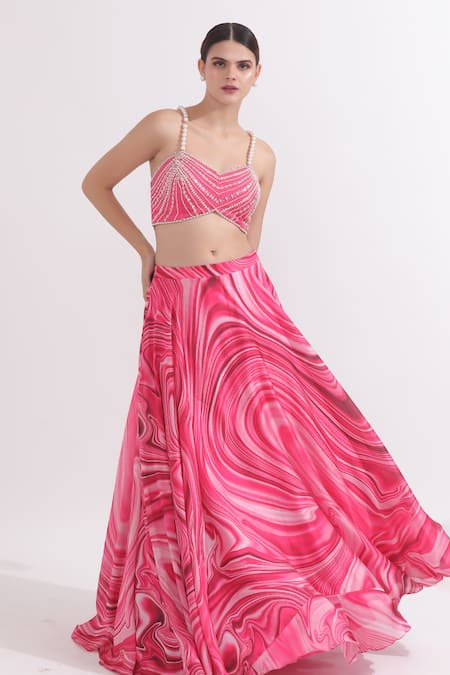 Omal Sindwani_Pink Satin, Georgette Pearls, Mirrors V-neck Hand Embroidered Blouse Lehenga Set _Online_at_Aza_Fashions