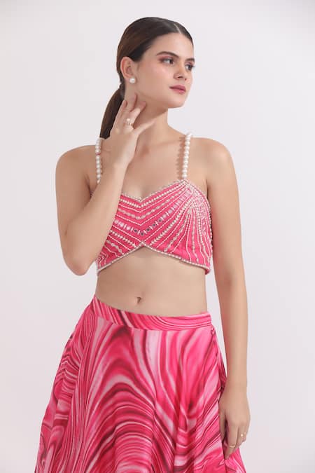 Buy_Omal Sindwani_Pink Satin, Georgette Pearls, Mirrors V-neck Hand Embroidered Blouse Lehenga Set _Online_at_Aza_Fashions