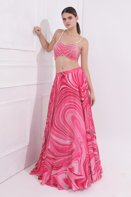 Shop Omal Sindwani Pink Satin, Georgette Pearls, Mirrors V-neck Hand Embroidered Blouse Lehenga Set Online at Aza Fashions Shop_Omal Sindwani_Pink Satin, Georgette Pearls, Mirrors V-neck Hand Embroidered Blouse Lehenga Set _Online_at_Aza_Fashions
