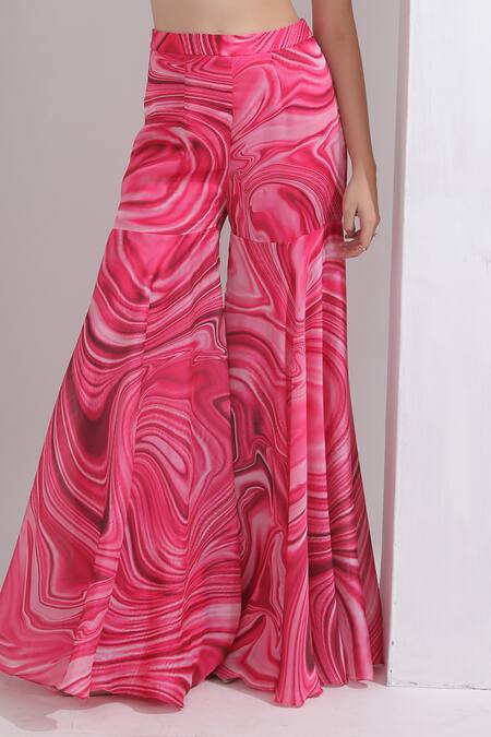 Omal Sindwani_Pink Satin, Georgette Sequins, Beads Halter Marble Pattern Blouse And Gharara Set _Online_at_Aza_Fashions