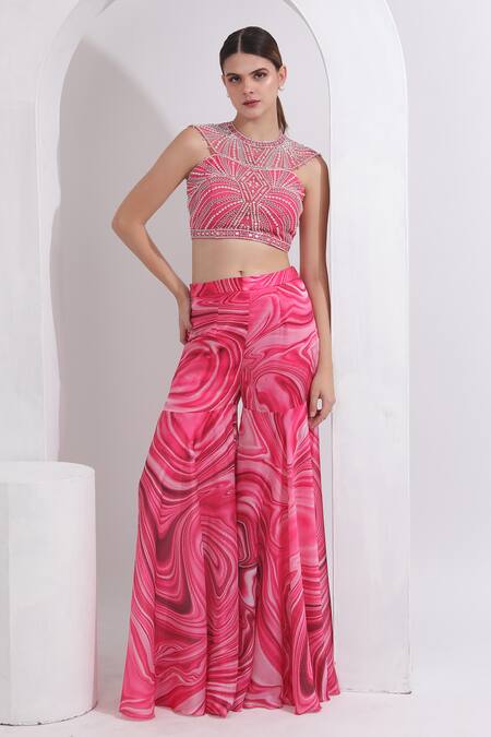 Buy_Omal Sindwani_Pink Satin, Georgette Sequins, Beads Halter Marble Pattern Blouse And Gharara Set 