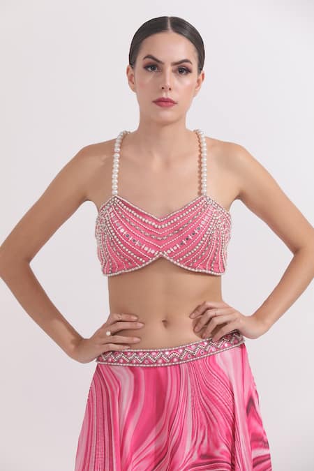 Omal Sindwani_Pink Satin Georgette Printed Marble V Neck Skirt With Blouse _Online_at_Aza_Fashions