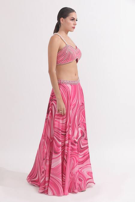 Buy_Omal Sindwani_Pink Satin Georgette Printed Marble V Neck Skirt With Blouse _Online_at_Aza_Fashions