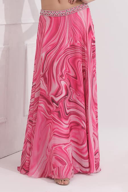 Buy Omal Sindwani Pink Satin Georgette Printed Marble V Neck Skirt With Blouse Buy_Omal Sindwani_Pink Satin Georgette Printed Marble V Neck Skirt With Blouse