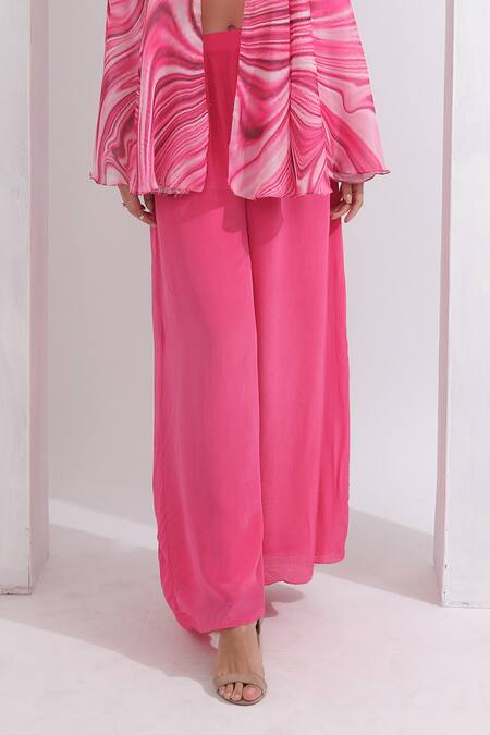 Buy_Omal Sindwani_Pink Satin, Georgette Pearls, Mirrors Round Neck Marble Pattern Cape Palazzo Set _Online_at_Aza_Fashions