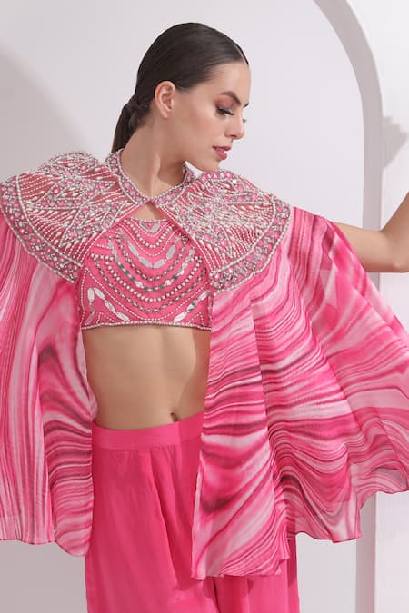 Omal Sindwani_Pink Satin, Georgette Pearls, Mirrors Round Neck Marble Pattern Cape Palazzo Set _at_Aza_Fashions