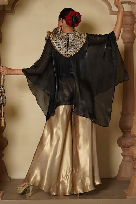 Shop_Monk & Mei By Sonia Anand_Black Viscose, Satin, Linen, Fleur Jaal Embroidered Yoke Cape Sharara Set _at_Aza_Fashions
