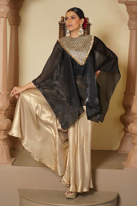Monk & Mei By Sonia Anand_Black Viscose, Satin, Linen, Fleur Jaal Embroidered Yoke Cape Sharara Set _Online_at_Aza_Fashions