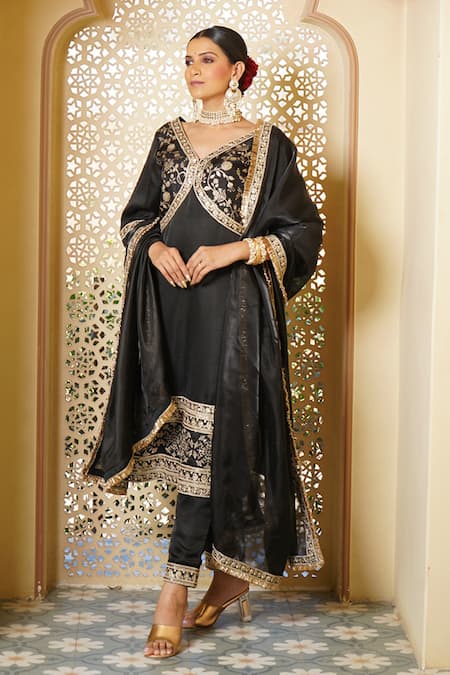 Buy_Monk & Mei By Sonia Anand_Black Organza, Brocade, Silk Sequins, Ghazal Musk Bloom Woven Kurta Pant Set _Online_at_Aza_Fashions