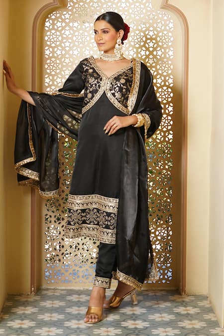 Shop_Monk & Mei By Sonia Anand_Black Organza, Brocade, Silk Sequins, Ghazal Musk Bloom Woven Kurta Pant Set _Online_at_Aza_Fashions