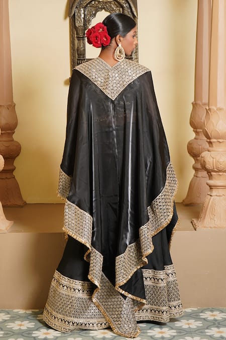 Shop_Monk & Mei By Sonia Anand_Black Brocade, Silk Embroidery, Haseena Sequin Fleur Jaal Cape Sharara Set _at_Aza_Fashions