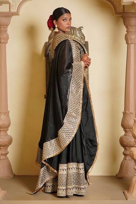 Buy_Monk & Mei By Sonia Anand_Black Brocade, Silk Embroidery, Haseena Sequin Fleur Jaal Cape Sharara Set _Online_at_Aza_Fashions