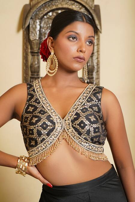 Shop_Monk & Mei By Sonia Anand_Black Brocade, Silk Embroidery, Haseena Sequin Fleur Jaal Cape Sharara Set _Online_at_Aza_Fashions