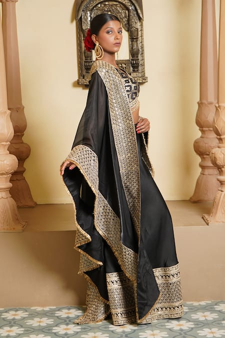 Monk & Mei By Sonia Anand_Black Brocade, Silk Embroidery, Haseena Sequin Fleur Jaal Cape Sharara Set _at_Aza_Fashions