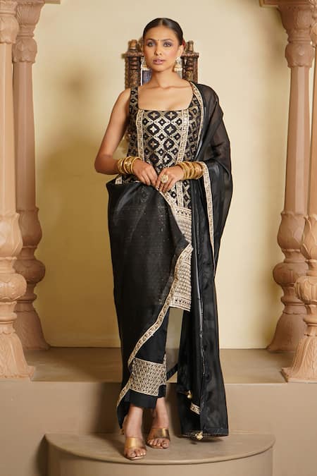 Buy_Monk & Mei By Sonia Anand_Black Organza, Brocade, Silk Embroidery Square Sara Persian Jaal Kurta Pant Set _Online_at_Aza_Fashions