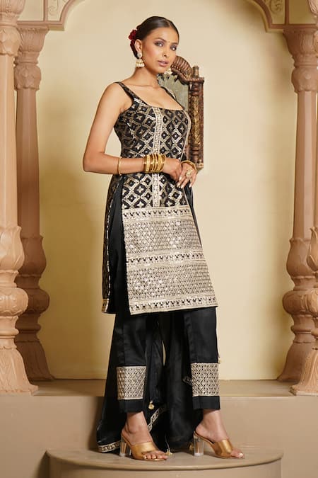 Shop_Monk & Mei By Sonia Anand_Black Organza, Brocade, Silk Embroidery Square Sara Persian Jaal Kurta Pant Set _Online_at_Aza_Fashions