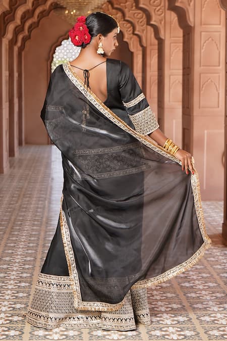 Shop_Monk & Mei By Sonia Anand_Black Organza, Silk Sequins, Dua Damask Lahori Short Kurta Sharara Set _at_Aza_Fashions