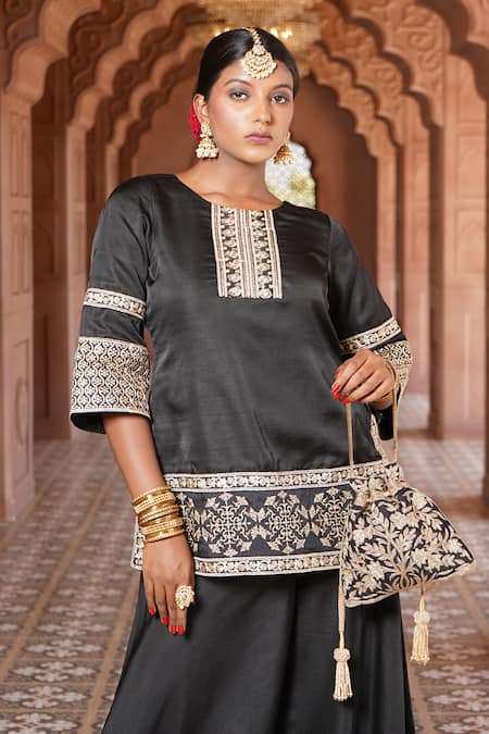Monk & Mei By Sonia Anand_Black Organza, Silk Sequins, Dua Damask Lahori Short Kurta Sharara Set _Online_at_Aza_Fashions