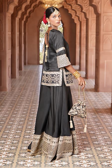 Buy_Monk & Mei By Sonia Anand_Black Organza, Silk Sequins, Dua Damask Lahori Short Kurta Sharara Set _Online_at_Aza_Fashions